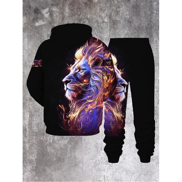 Men'S Casual Outfit Featuring a 3D Printed Lion Flame Galaxy Hoodie And Sweatpants, Perfect for Street Style in Winter And Fall