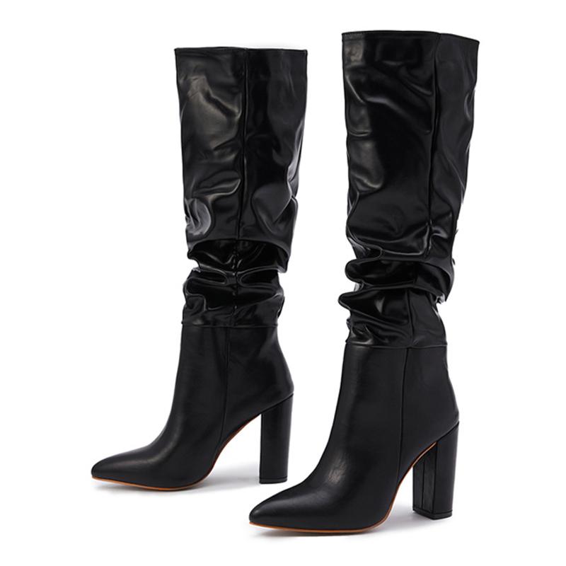Neue Schwarz Weiße Kniehohe Stiefel Damen Mode Plissiert Designer Absatz Sxey Spitzzehe Partykleid Tanzschuhe Botas De Mujer