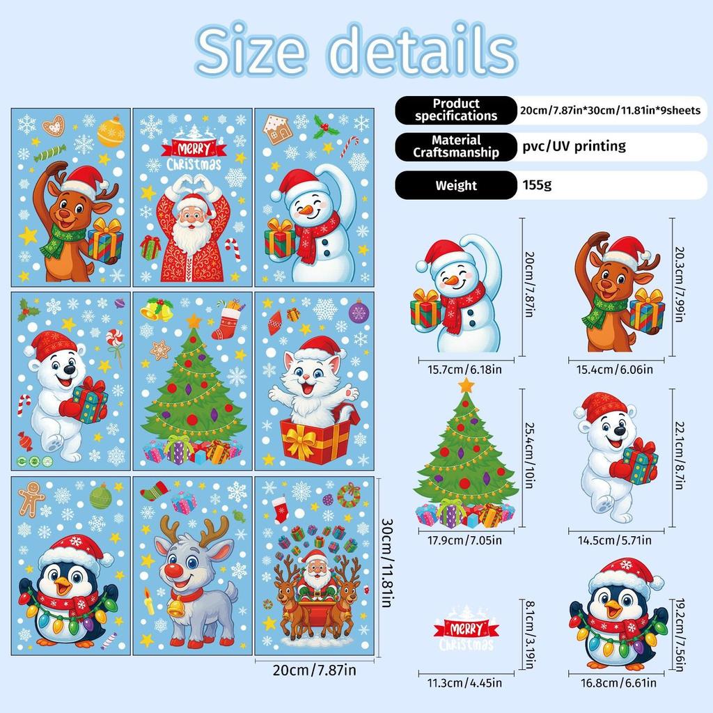 Christmas Decorative Glass Static Cling Stickers: Santa, Snowflakes, Snowmen Window Decals