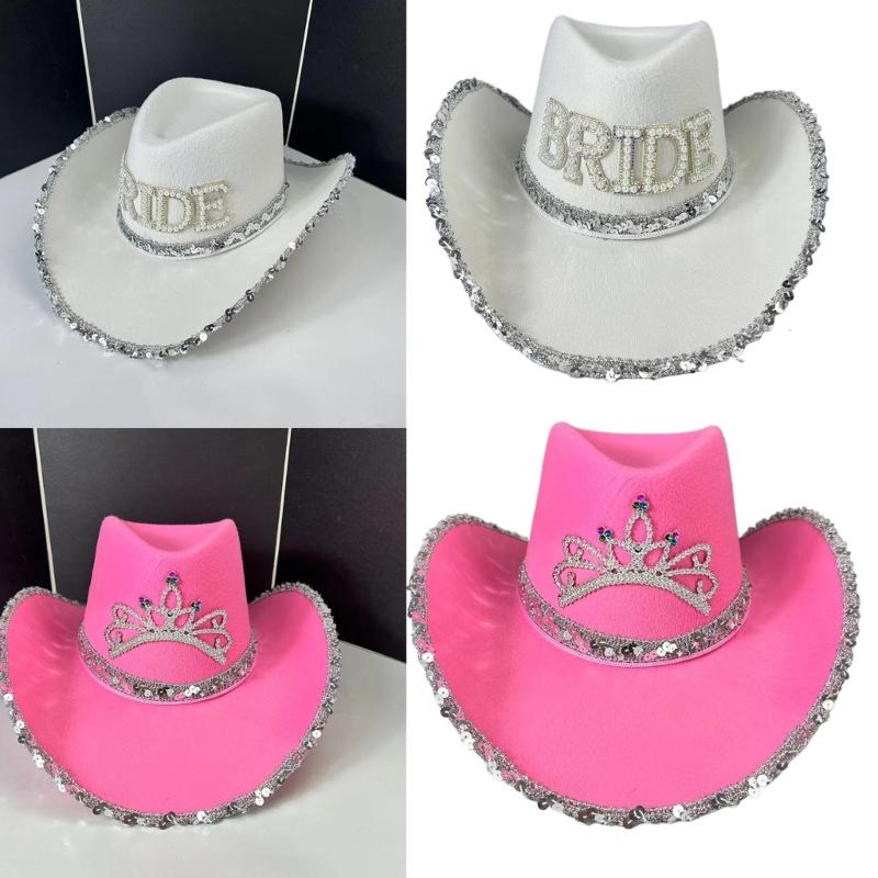 Strass Kronen Cowgirl Hut für Damen Rollkrempe Rollenspiel Cowgirl Hut Hochzeitsfeier Requisiten Junggesellinnenabschied Kopfschmuck
