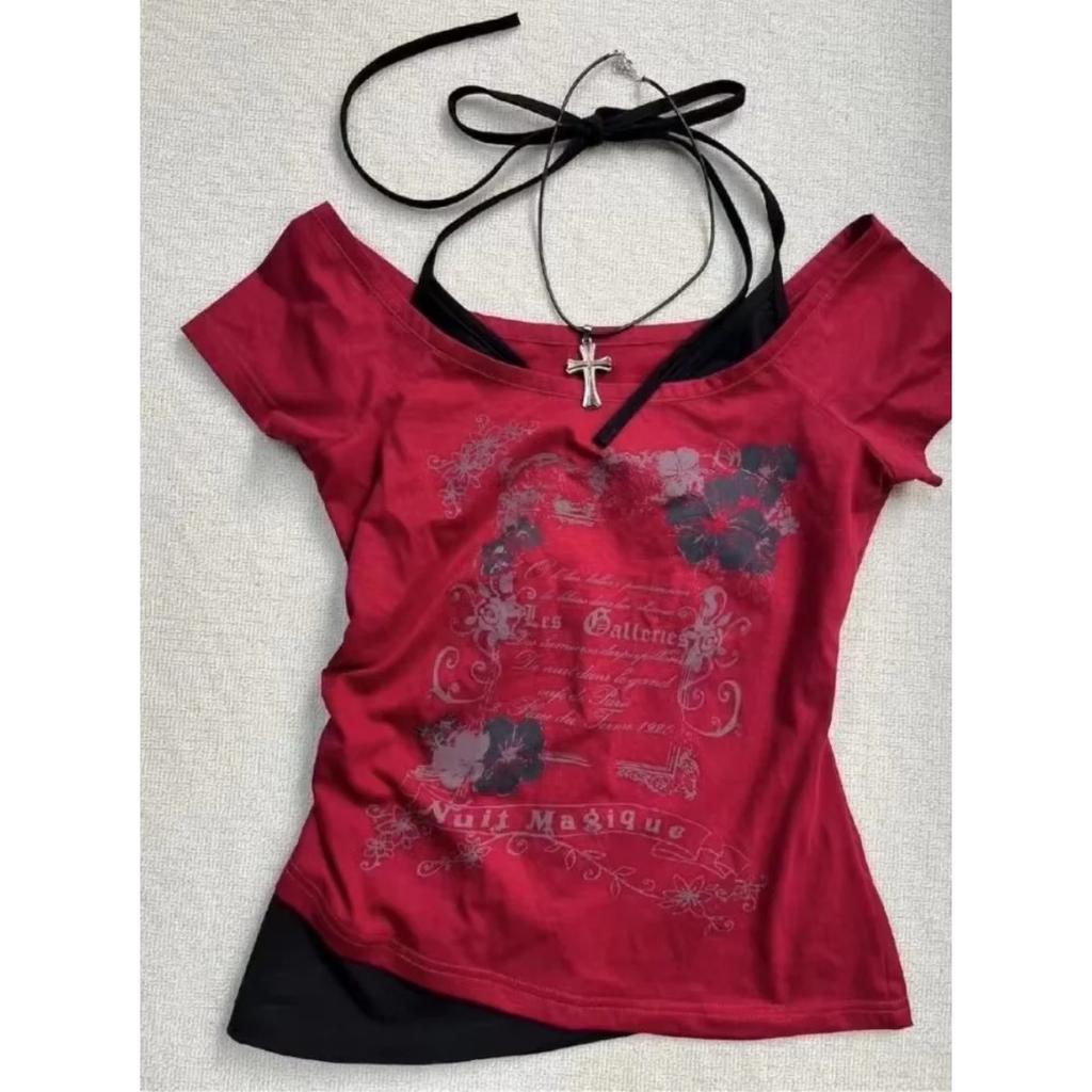 TrendHub Sommer Y2k Vintage Grafik T-Shirts Damen Grunge Streetwear Hot Girl Slim Fit T-Shirt Harajuku Mode Lässige Süße Oberteile Schick