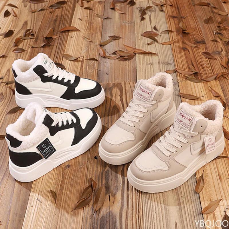 Fashion Winter Versatile Warm Sneakers New Velvet Women's Cotton Shoes Lace Up Shoes Ladies Casual High Top Snow Boots Mujer Zapatos