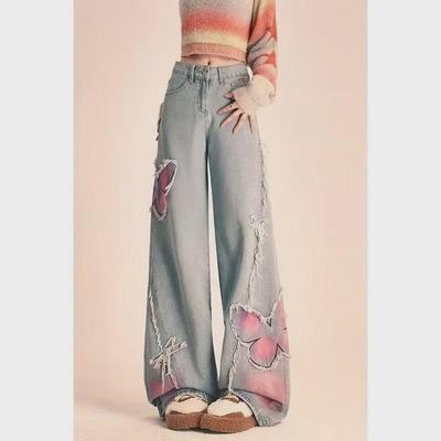 2024 Damenjeans im Hong Kong-Stil mit weitem Bein und amerikanischer Retro-Schmetterlingsstickerei