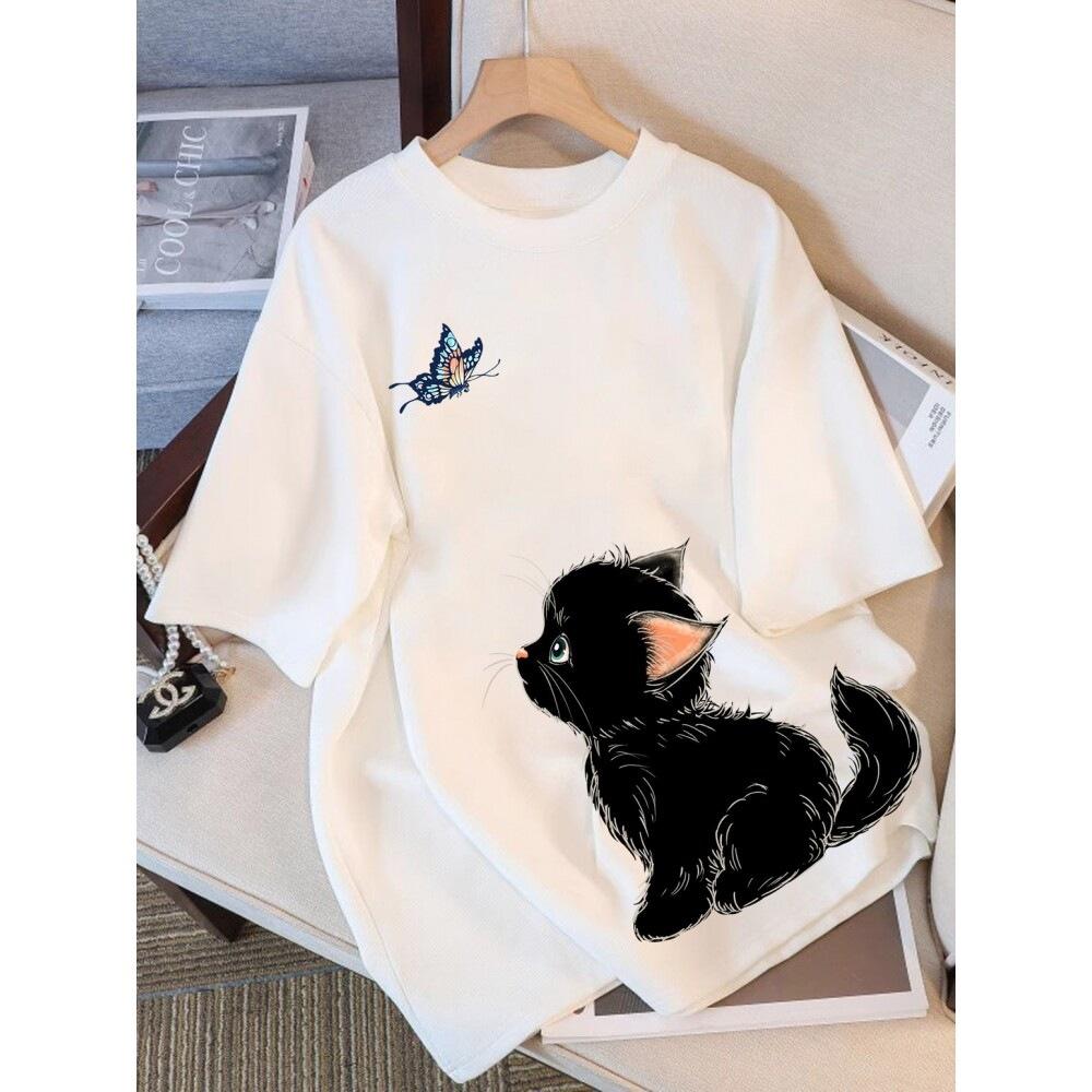 Pure cotton black short-sleeved women's t-shirt new popular summer unique design niche top loose t-shirt