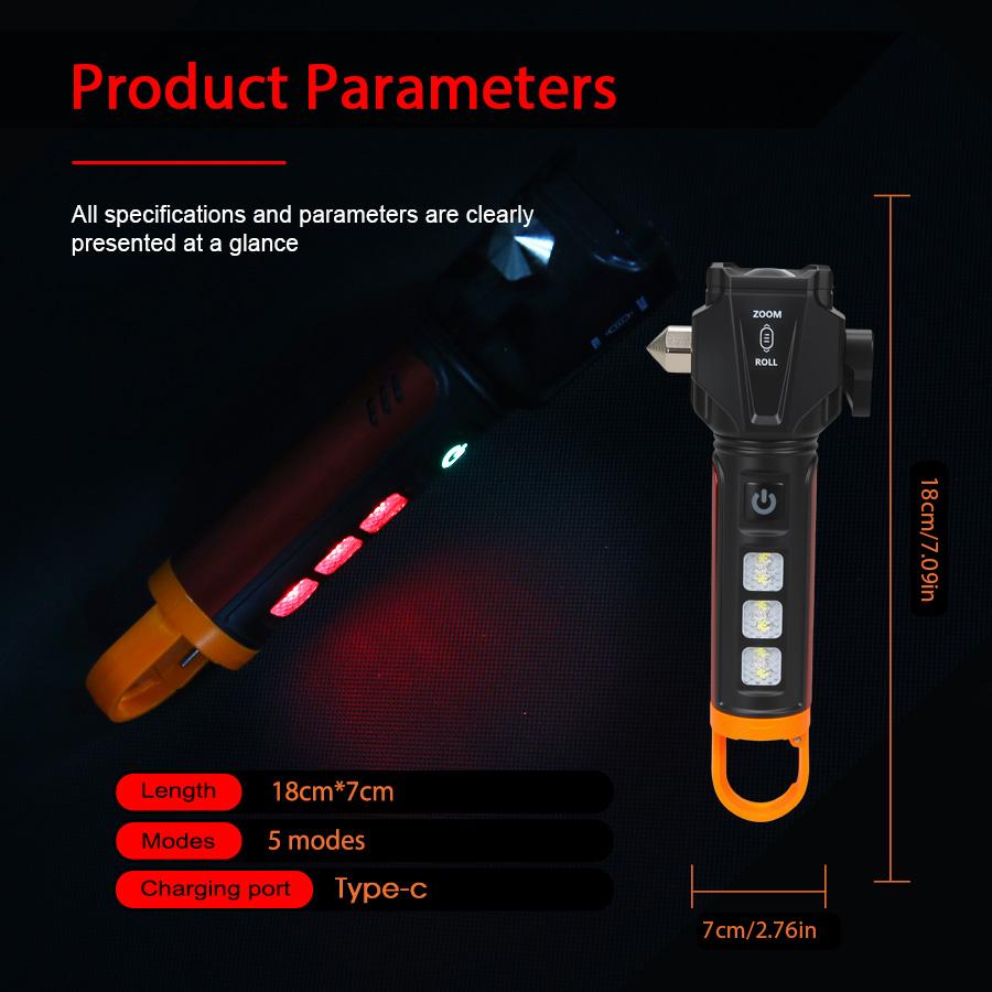 Super Bright LED Flashlight USB Rechargeable Torch Outdoor Strong Light Hook Camping Lamp Hammer Flashlight Emergency Red Light