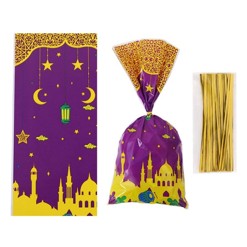 100pcs Eid Mubarak Gift Bags with Rope Moon Stars Biscuits Packaging Holder