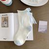 Blue and White Decorative Socks - Lil' Lolydita Bow Tie Ankle Socks with Rolled Edges and Gathered Fabric, Sweet Lace Socks