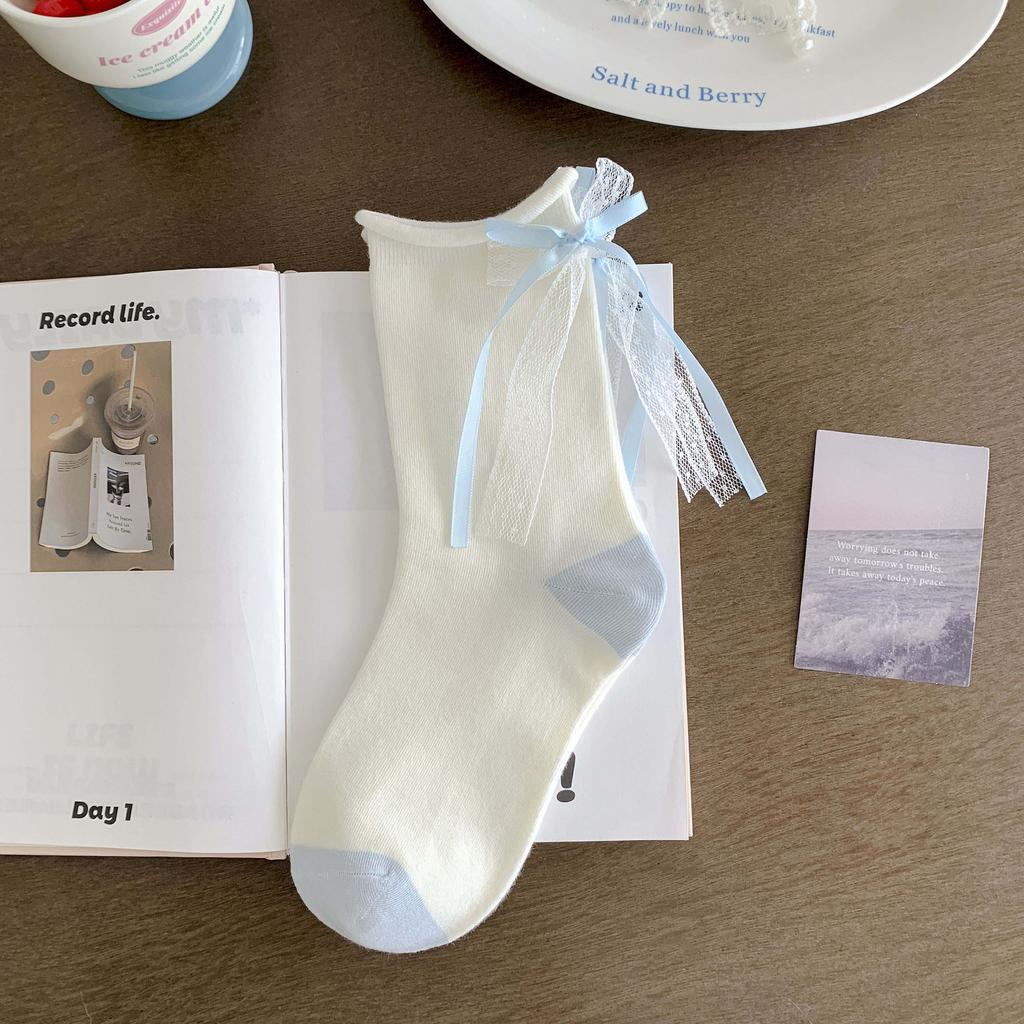 Blue and White Decorative Socks - Lil' Lolydita Bow Tie Ankle Socks with Rolled Edges and Gathered Fabric, Sweet Lace Socks