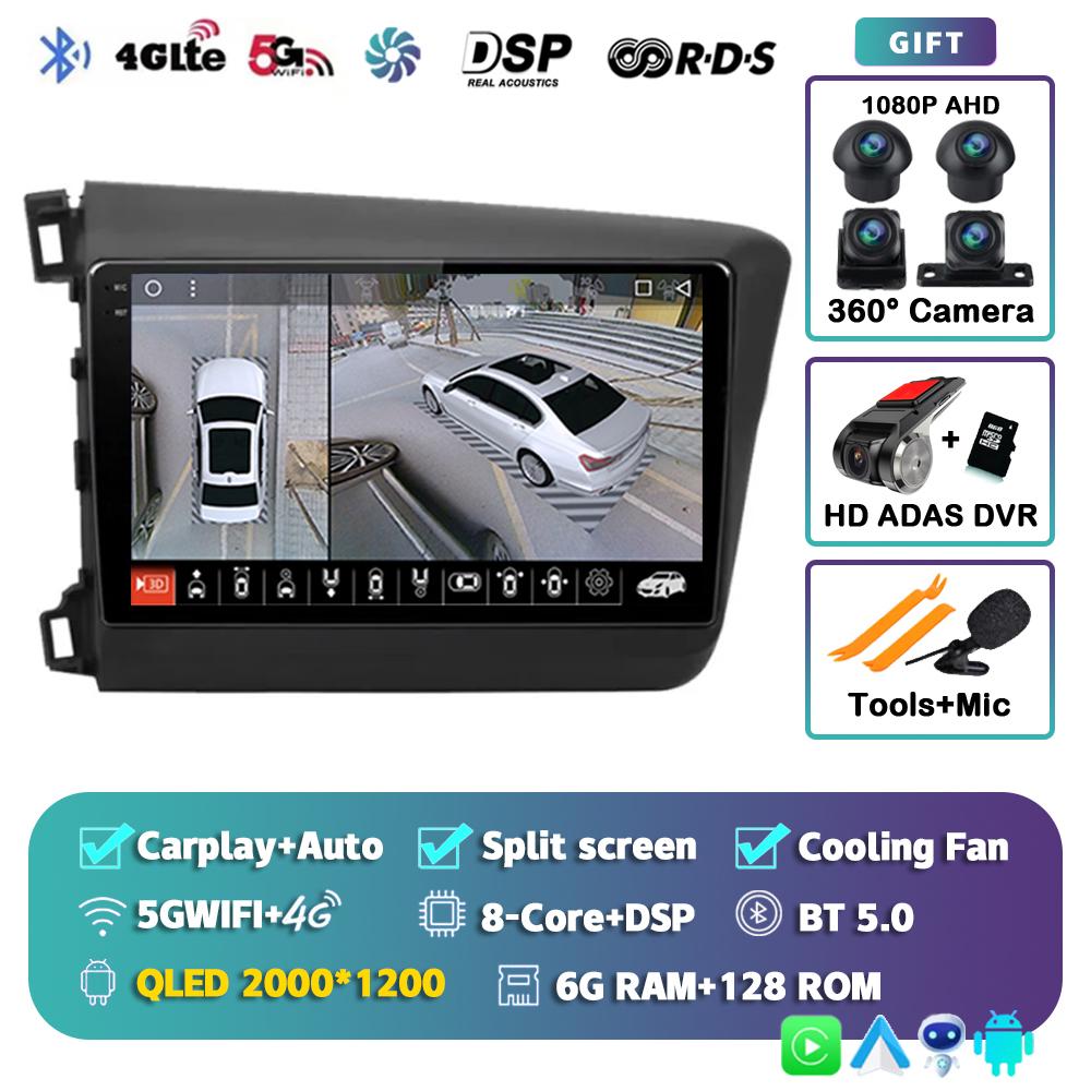 Android 14 Carplay Auto WIFI+4G Car Radio For Honda Civic 2012 2013 2014 2015 Multimedia Player Stereo GPS Head Unit No DVD 2Din