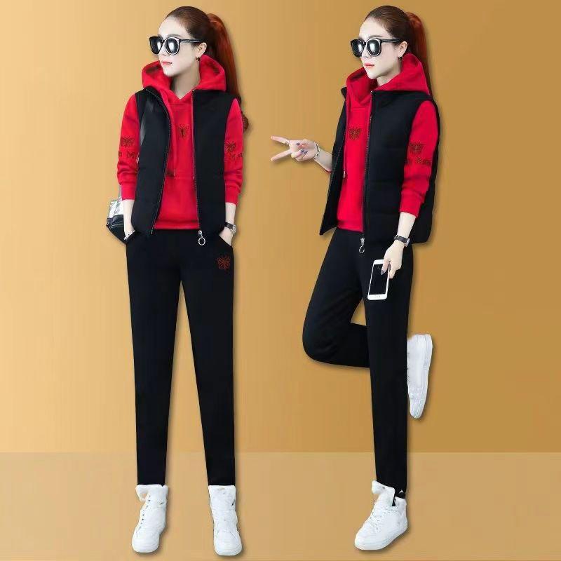 Set trei bucăți vestă pentru femei Set de pantaloni cu glugă, haină căptușită, broderie, cu glugă, mâneci lungi, pantaloni cu talie elastică, trening de iarnă, haine sport