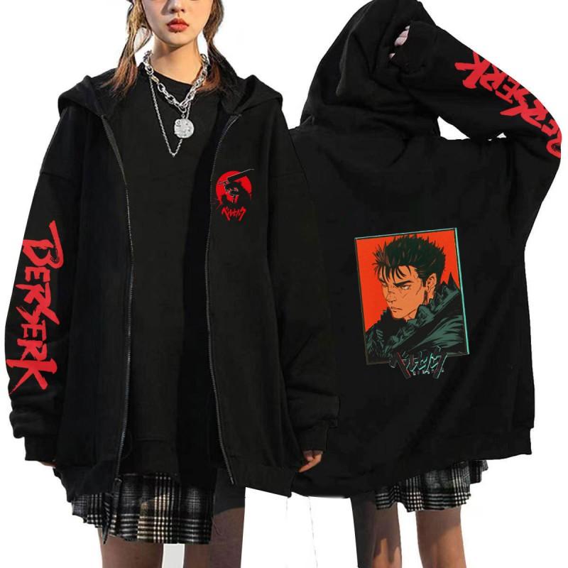 Berserk Anime Hooded Zip-Up Sweatshirt Men Oversized Fleece-Lined Pullover With Drawstring Cap Side Pockets