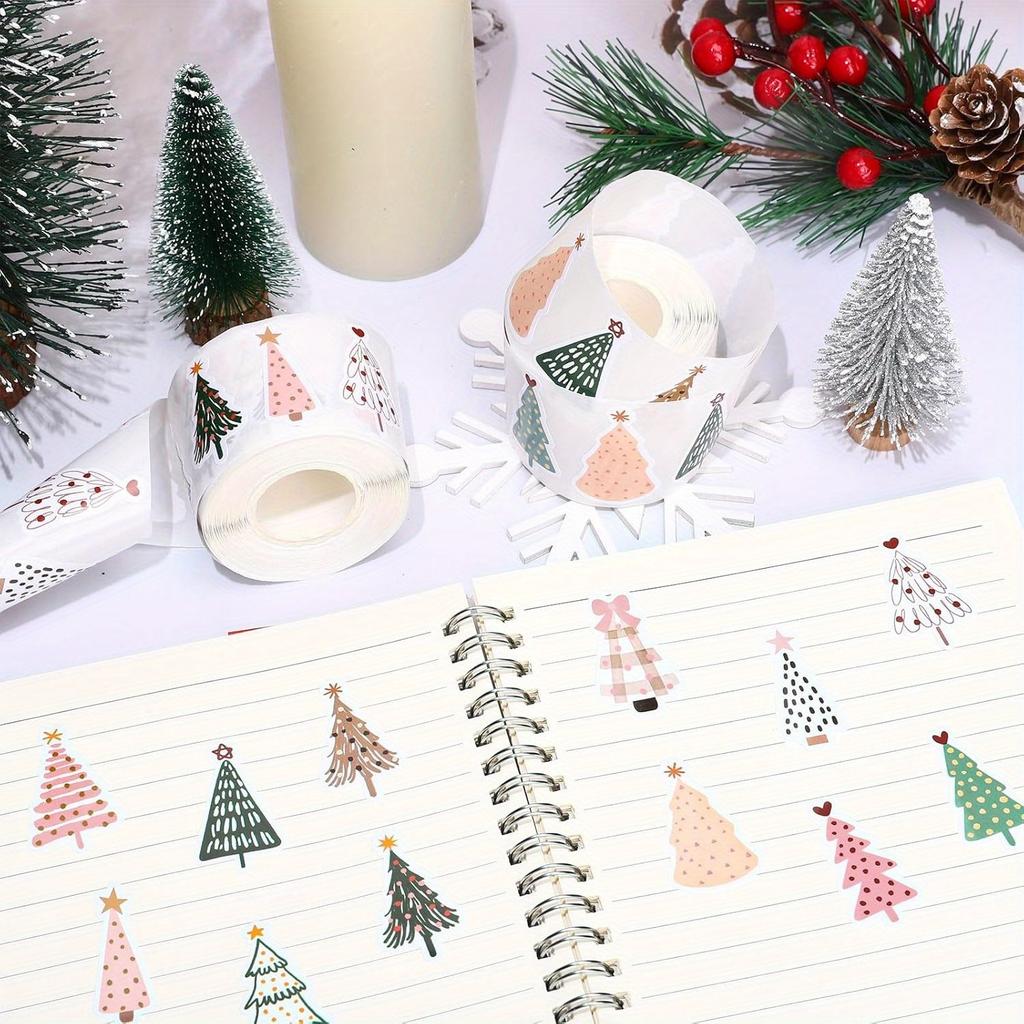 500pcs Christmas Boho Stickers - Pastel Christmas Tree Decals with Pine Trees, Polka Dots, Floral Bows - Self-Adhesive