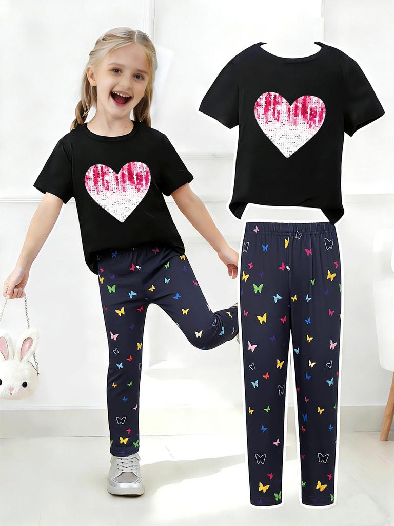 Girls' Summer Casual Short-Sleeve Long Pants Set - European & American Print