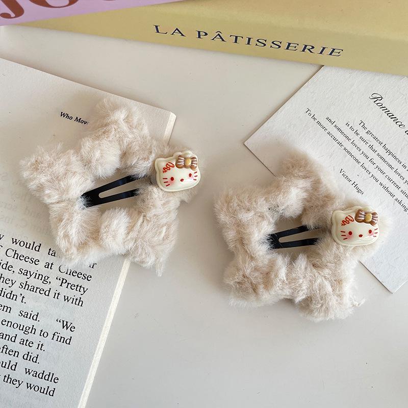 Sweet KT Cat Plaid Bow Plush Hair Clip - Cute Autumn/Winter Accessory
