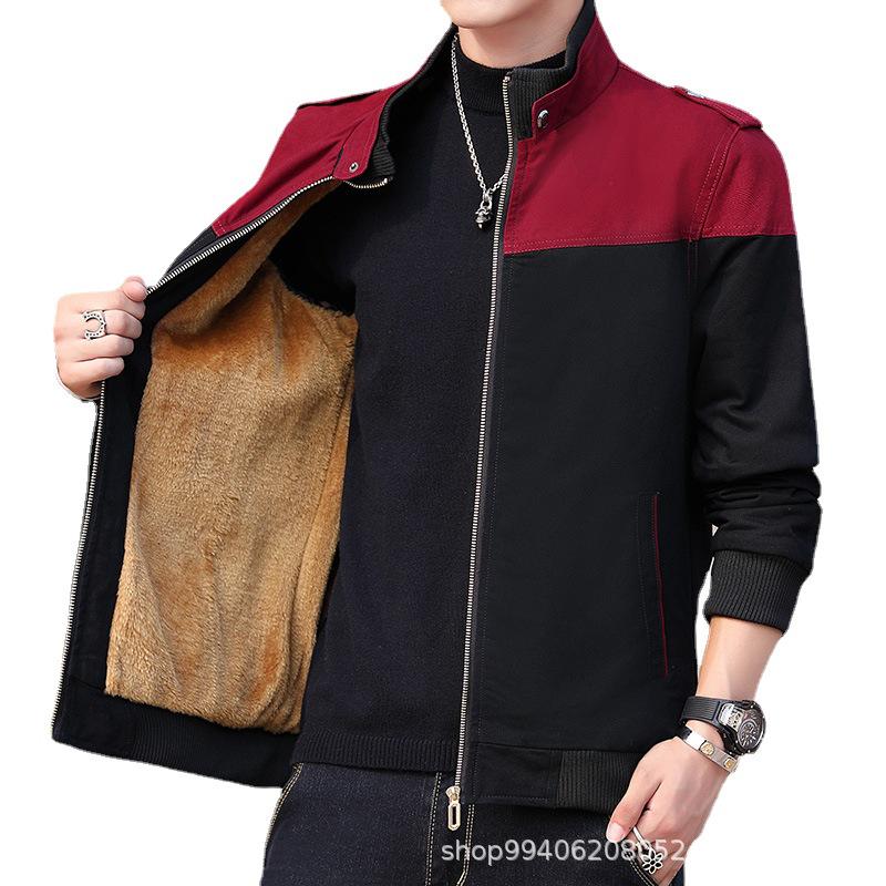 

Men s Two-Tone Thick Winter Jacket - Fleece-Lined, Stand Collar, Pure Cotton Outerwear XL