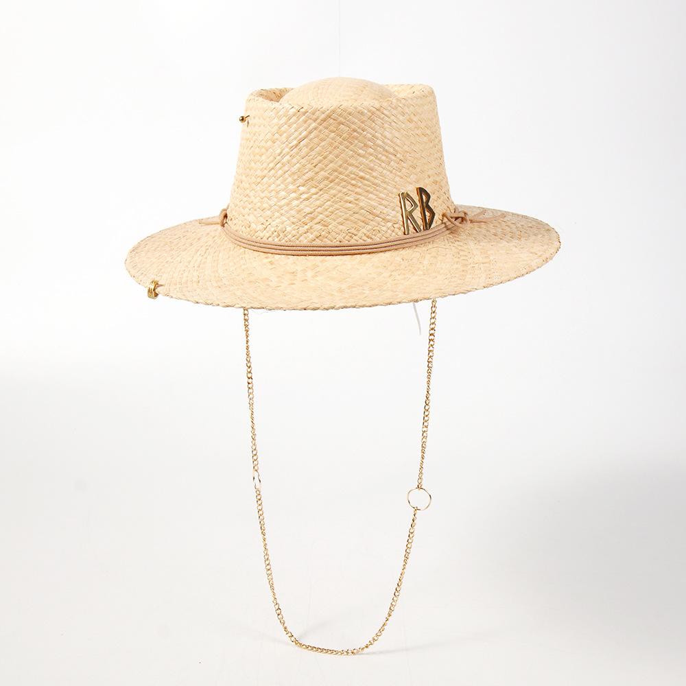 2025 Dames Zomer Raffia Stro Zonnehoed met Afneembare Ketting Halsketting, Stijlvolle Brede Rand Strandhoed UV Bescherming