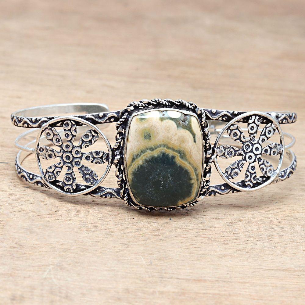 Ocean Jasper Gemstone Handmade Silver Jewelry Cuff Bracelets 7''Adjustable