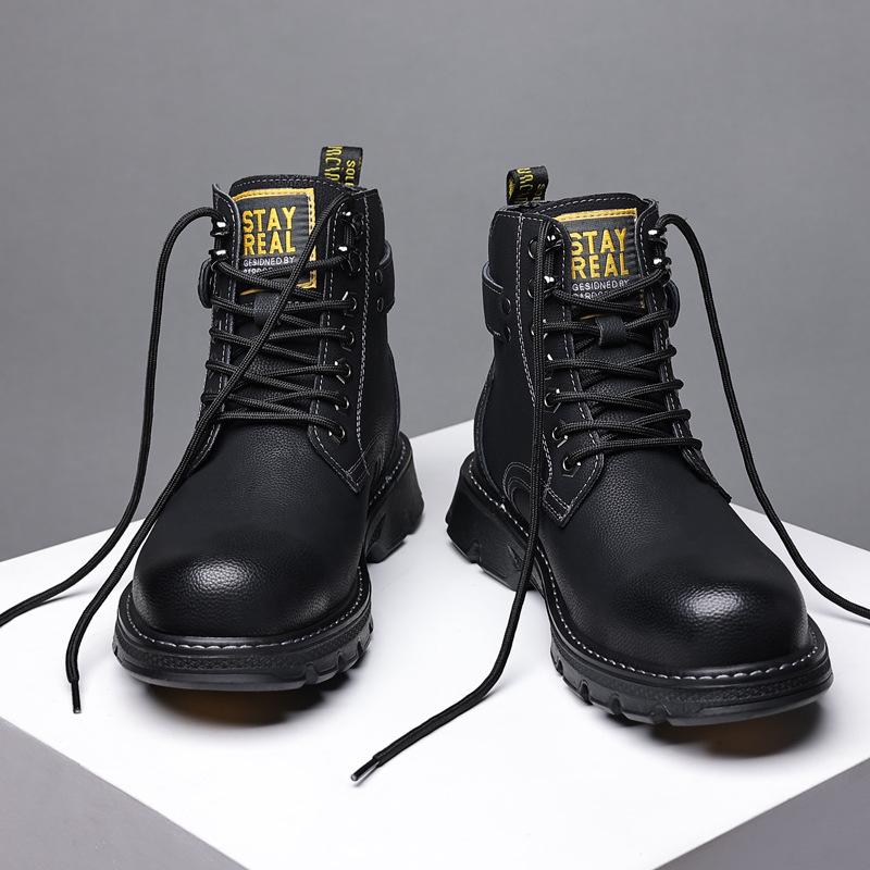 Men's British Style High-Top Leather Boots, Warm Cotton Lining, Anti-Slip Winter Snow Boots