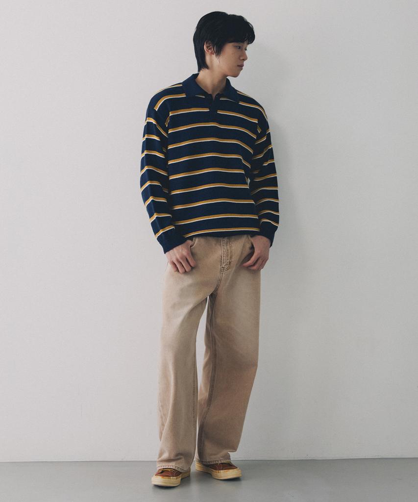 NODU Multi-Color Block Collared Stripe Knit T-Shirt [Navy]