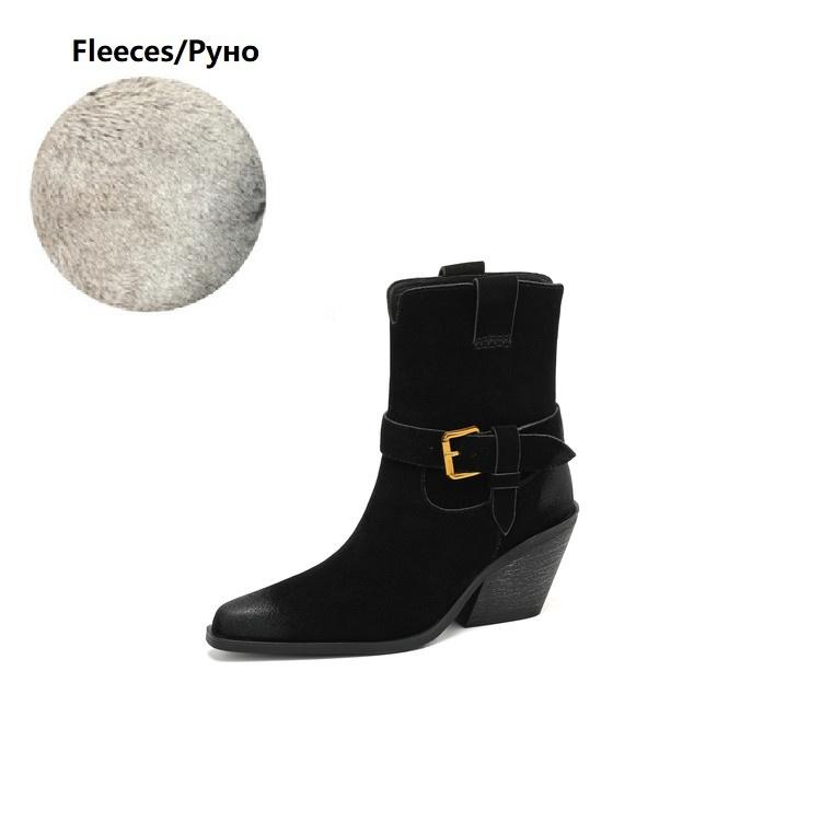 Fashion NEW Autumn Women Boots Pointed Toe Chunky Heel Shoes Cow Suede Leather Shoes for Women Casual Slip-on Western Boots Daily Shoes