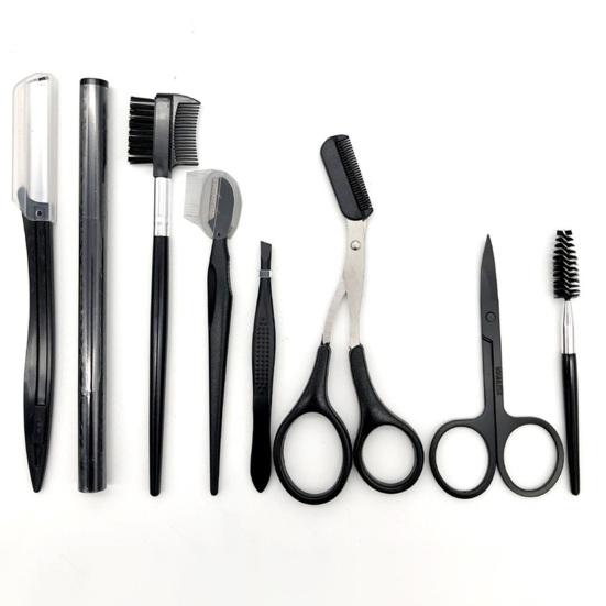 1 Set Eyebrow Trimming Set 8 Pcs Eyebrow Shaping Grooming Kit Beauty Tools Set with Faux Leather Bag Razor Eyebrow Scissors Brush Comb