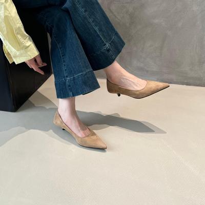 Black Thin Heel Suede Single Shoes Women's Shoes 2025 New Spring, Autumn and Winter Temperament French Pointed Low Heel Light Mouth Shoes