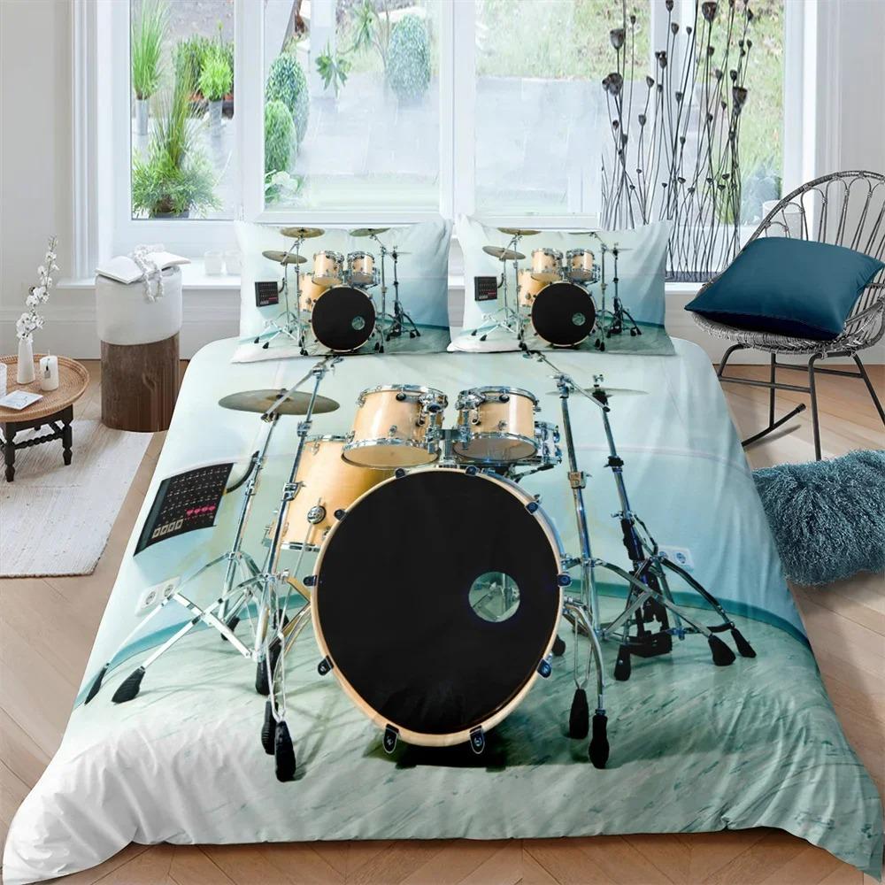 Drum Kit King Queen Duvet Cover Rock Musical Style Bedding Set for Kids Teens Adults Hip Hop Grunge Polyester Quilt Cover