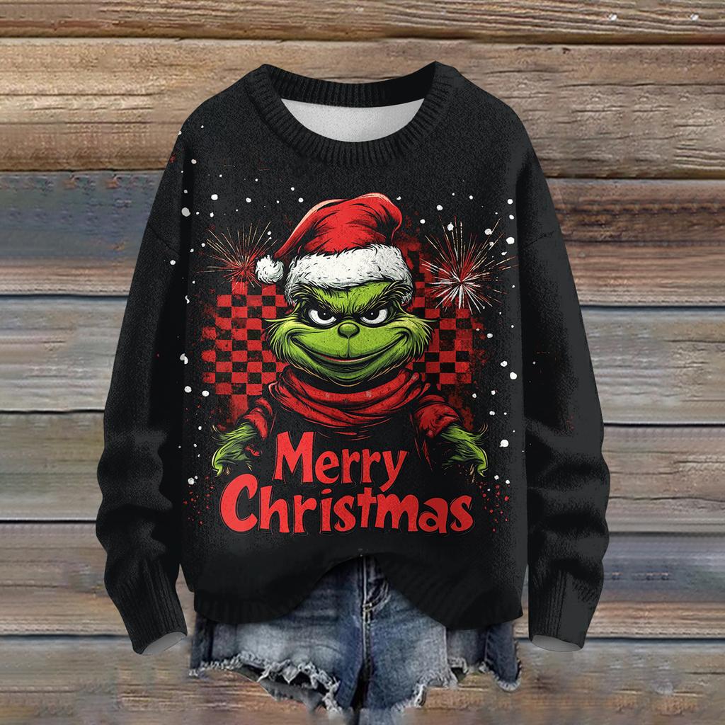 Ladies' Fashionable Casual Long Sleeved Cute Print Round Neck Knitted Yarn