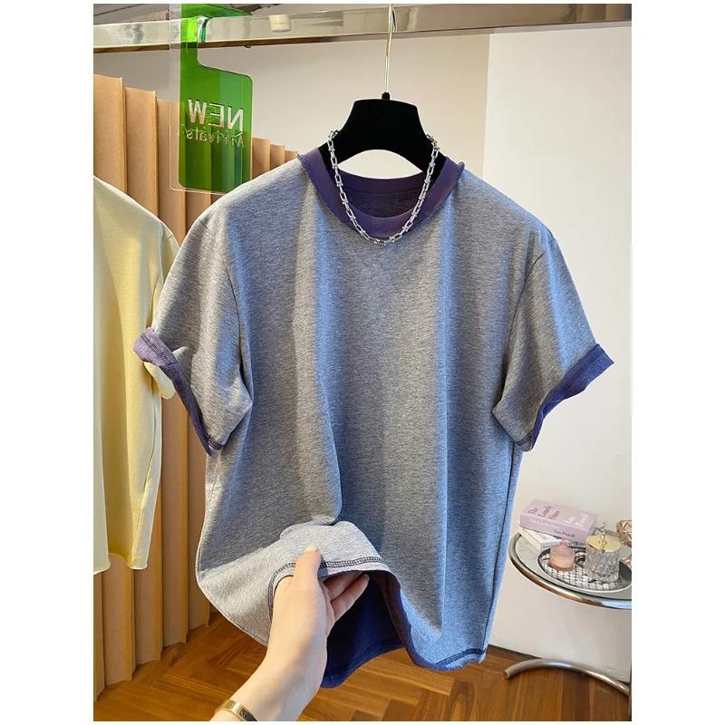 

Summer Versatile Lazy Style Contrasting Round Neck Pullover Short-sleeved Casual Commuting Top Chic Bottoming Shirt M серый