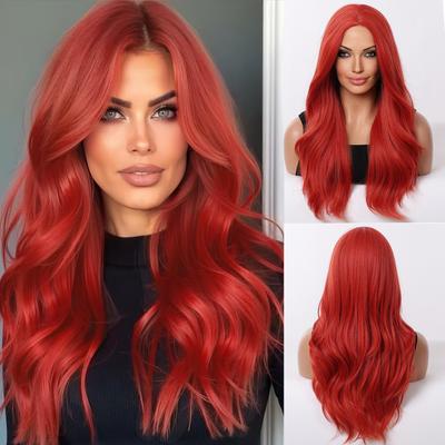 European and American Fashion Big Wave Long Curly Wig, Red Long Wave High-Temperature Fiber Hairpiece