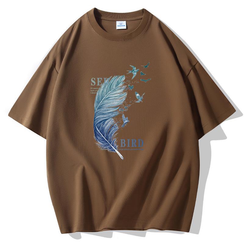 10 Colors Feather Man's Short Sleeves Loose T-shirt 100% Cotton Casual Tee Size S-5XL