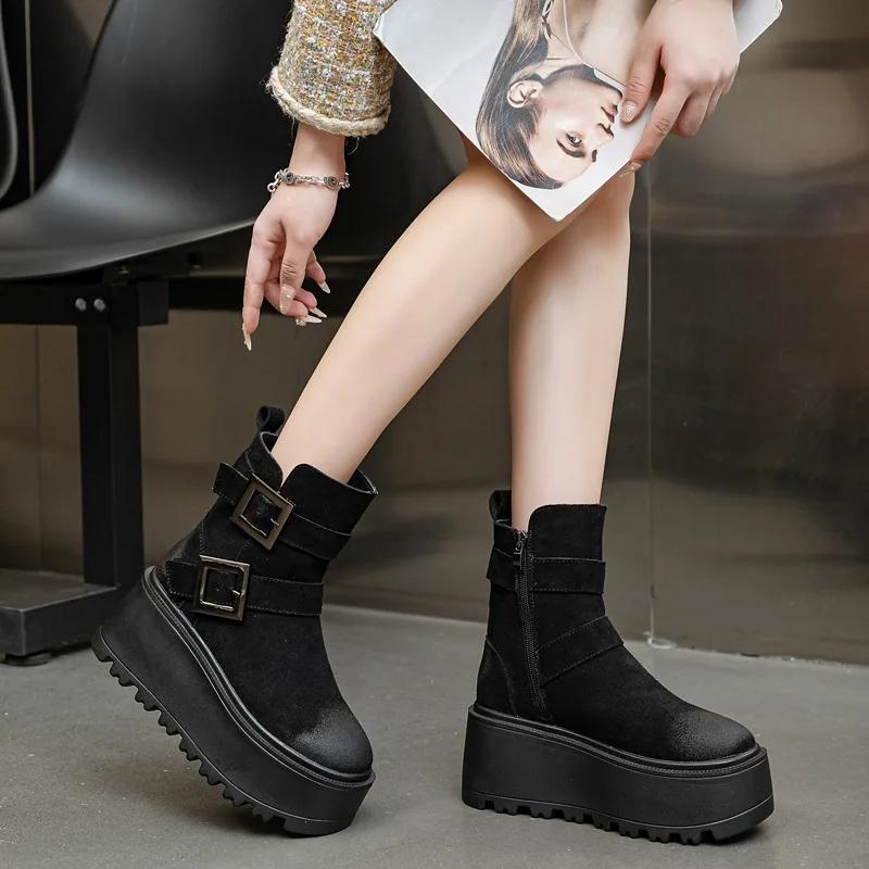 

8cm Full Cow Suede Genuine Leather Ankle for Women Motorcycle Punk Booties Shoes Platform Wedge Heel Spring Females Boots 33
