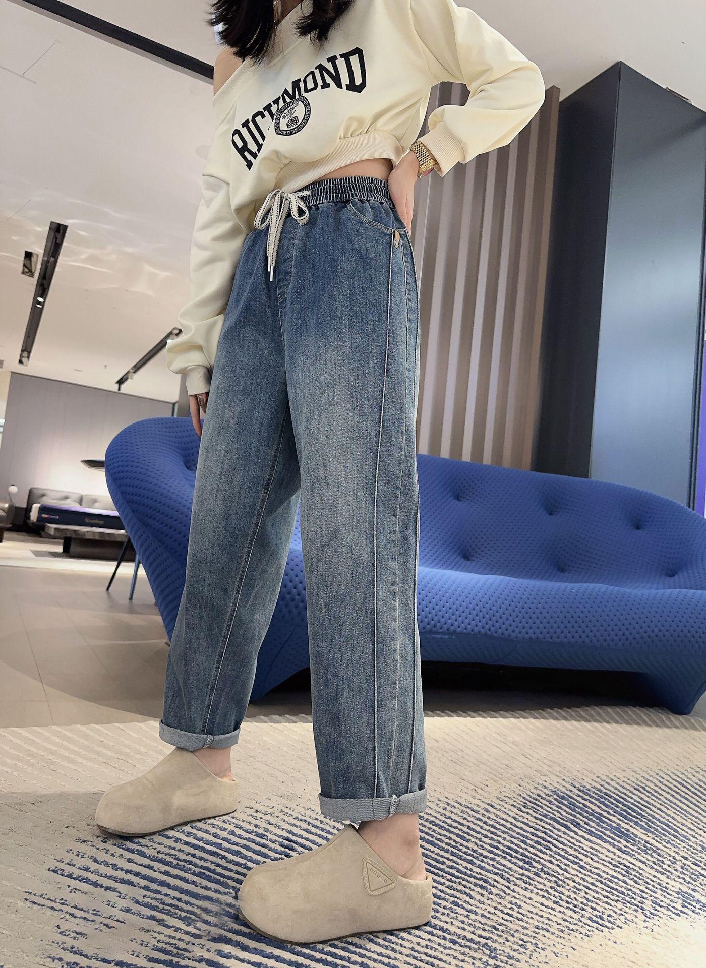 

Plus Size High-Waisted Drawstring Jeans - Flattering Fit for Women 6XL (180-210 Jin) синий