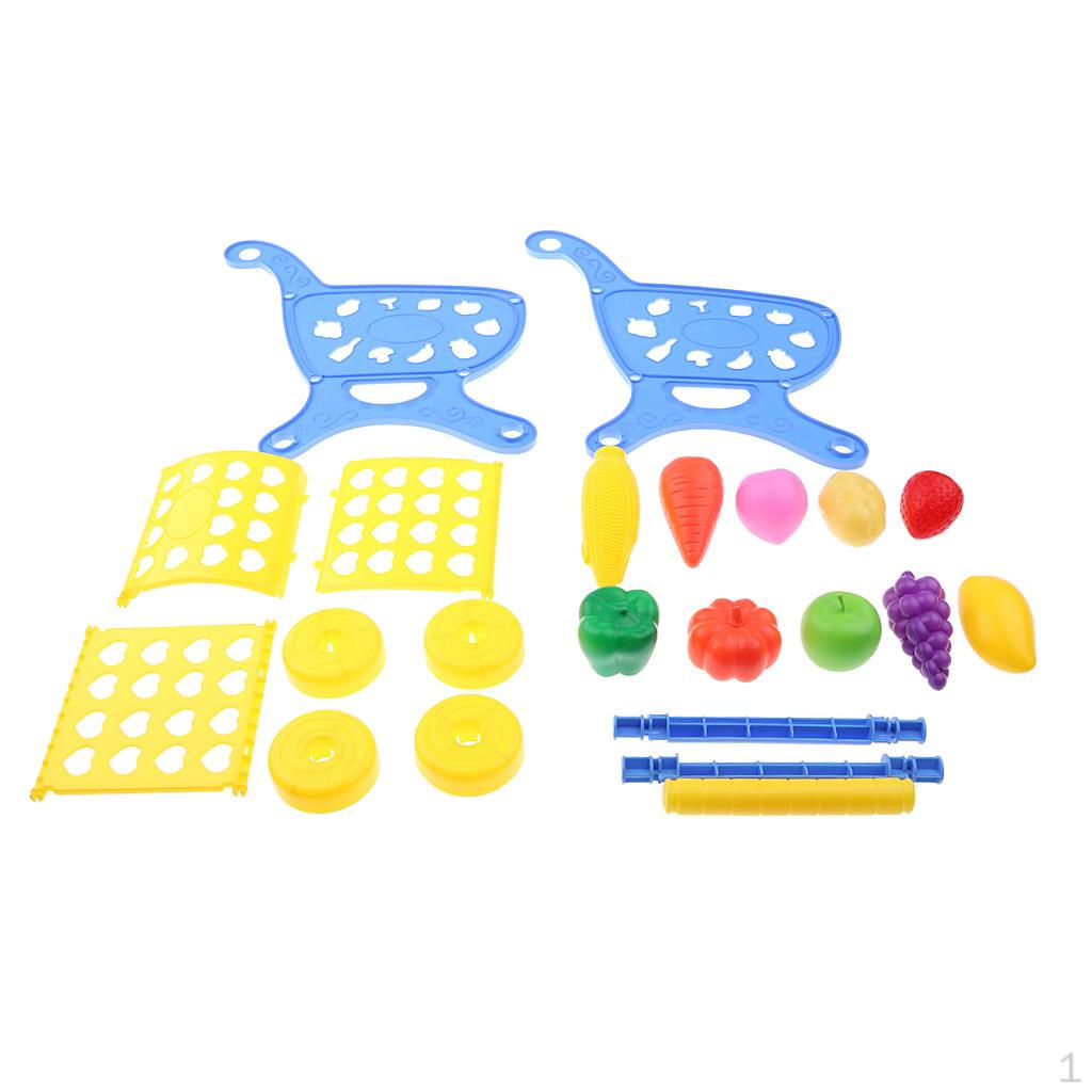 Mini Shopping Trolley Supermarket Toy With 14pcs Different Fruits, Vegetables, синий