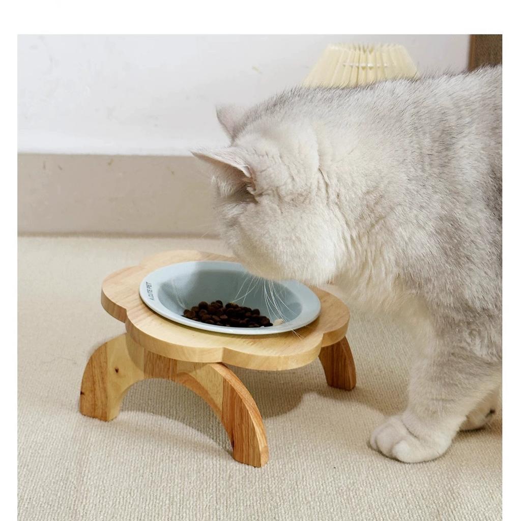 Elevated Cat Bowl with Wooden Stand, Flower Shaped Ceramic Neck Protection Pet Bowl, Raised Cat Food Bowl for Cats Dogs