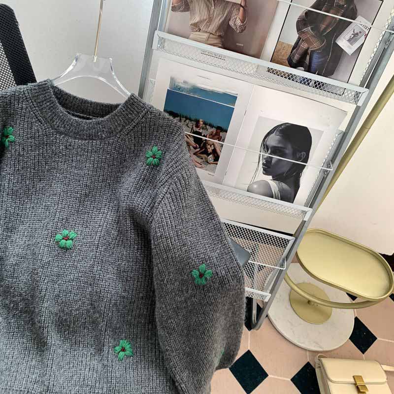 Sweater Women Winter Knitted Pullover Fir Loose Vintage Embroidered Flowers Knit Sweater