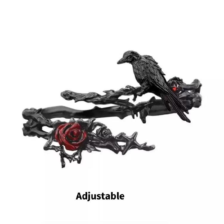 Elegant Floral Adjustable Metal Bracelet Dark Theme Crow Rose Designs Versatile Gothic Accessory