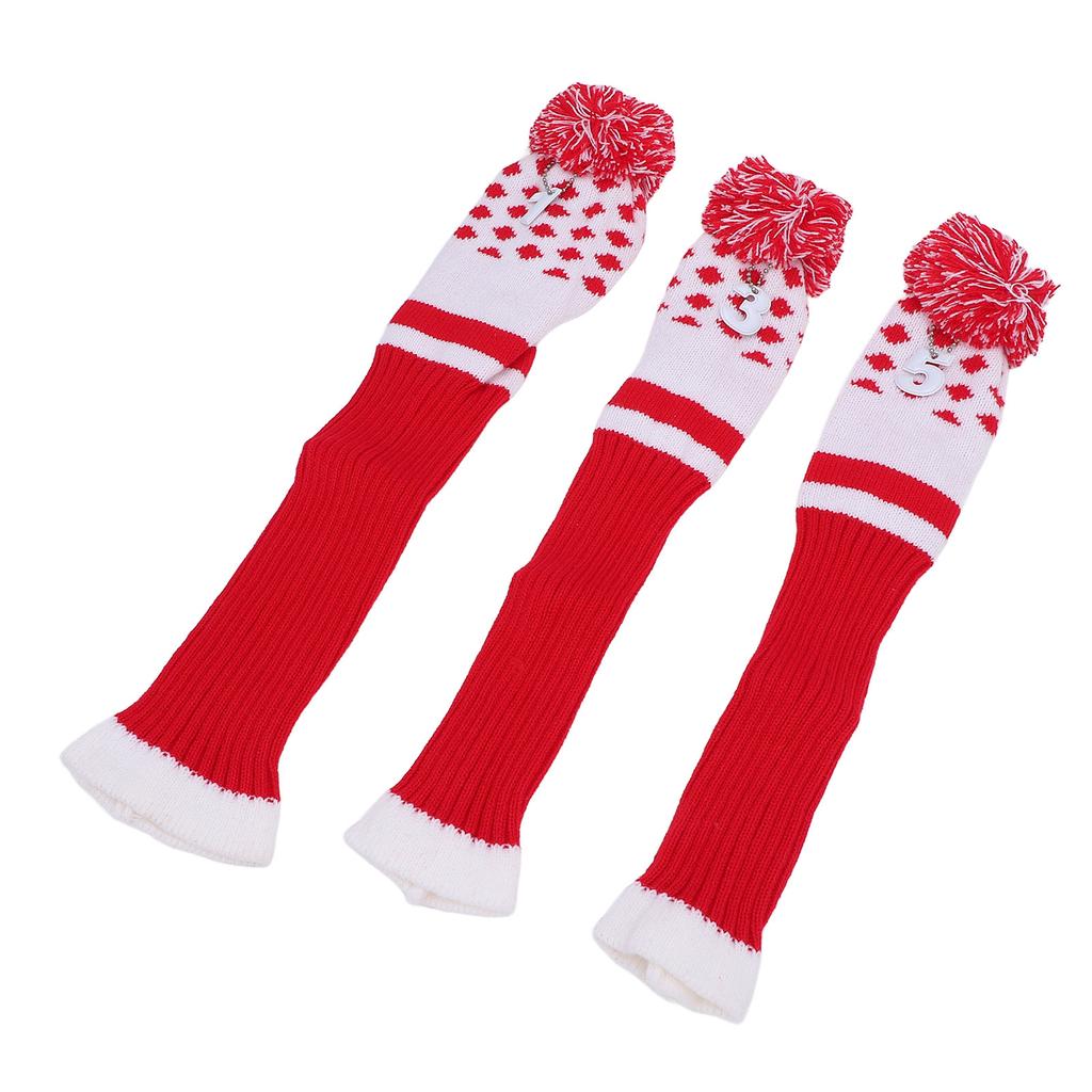3PCS Stripes Knitted Club Head Covers 3 Piece Set 1 3 5 Headcovers with Pom Pom Decoration Snug Fit Red