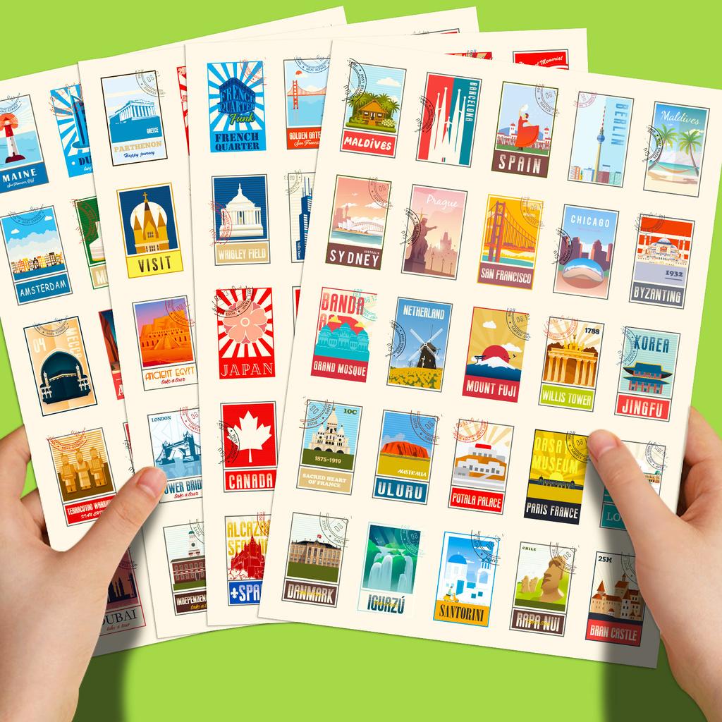 100 Stamps Mixed with Retro Travel Stickers Suitcase Laptop Mobile Phone Helmet Stickers 4 Pictures