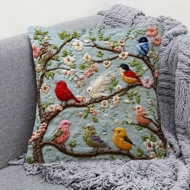 45cm Embroidered Pillow Cover with Colorful Birds and Floral Print for Living Room Decor
