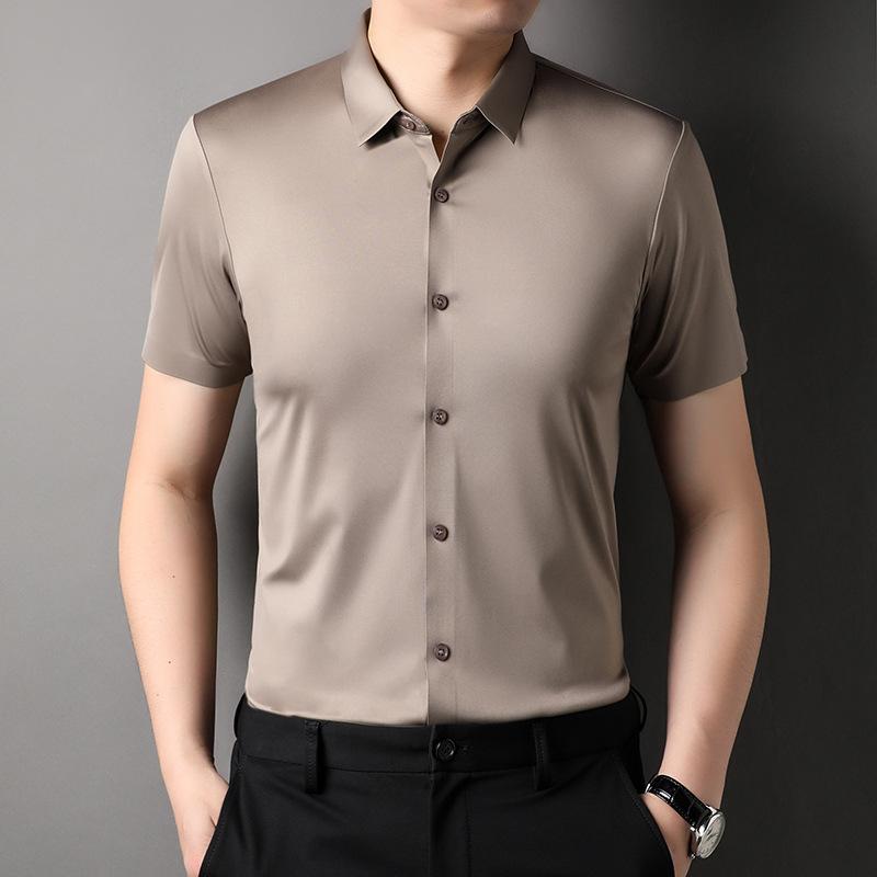 Summer Ice Silk No-iron Short-sleeved Shirt Men's Seamless Breathable Quick-drying Shirt Men's Elastic Half-sleeved Business Men's Clothing
