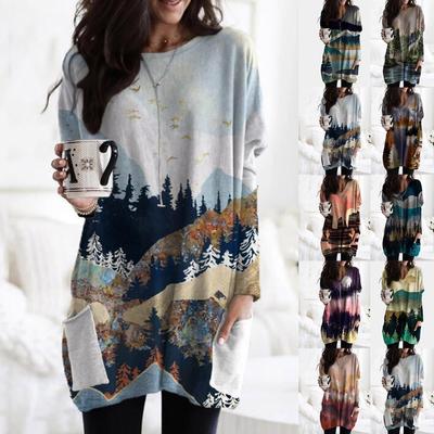 Women Plus Size Mountain Printed Pullover Long Sleeve Sweatshirt Shirts Tops