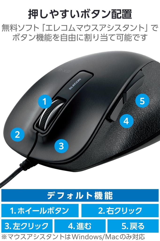 ELECOM Wired Large 5 Buttons Back and Forward Blue Perfect Mouse, Size, (with Buttons), Quiet, LED, Grip, Black, M-XGL10UBSBK