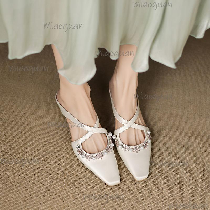 Square Toe Women's Mules Slip On Cross Straps Crystal Decor Slides Heeled Sandals Woman Slingback Luxury Pumps Beige