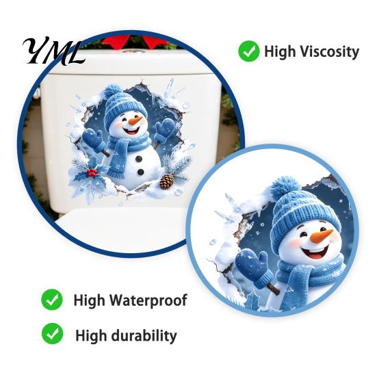 Holiday Glass Door Stickers Christmas Snowman Toilet Stickers, 3D Bathroom Wall Decals, Waterproof Seasonal Window PVC Seat Creative Decor Murals