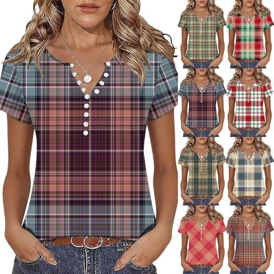 Womens Spring Tops Plaid Short Sleeve V Neck Blouse Summer Shirts for Women Casual Style Dressy Tops for Women