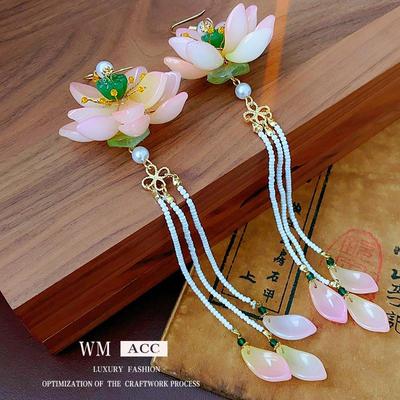 Glass Lotus Pearl Tassel Earrings: Elegant High-End Fashion Accessory