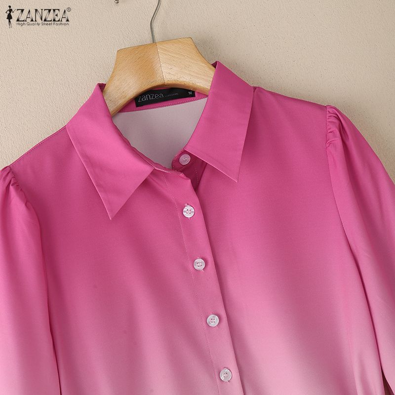 ZANZEA Women Casual Turn Down Collar Gradient Print Loose Long Sleeve Blouse