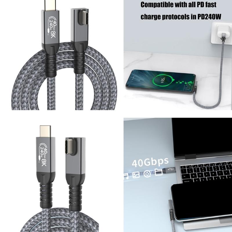 90 Degree USB4 Cable 40Gbps USB C to USB C 240W Fast Charging Display Cable Support 8K@60Hz 40Gbps Data Cable for Phone