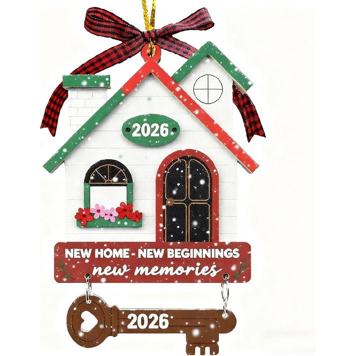 New Home Housewarming Gifts 2026 - Rustic Wood House Ornament with Key Charm & Buffalo Plaid Bow - 3.9" Closing Gift, Present for Homeowners Moving